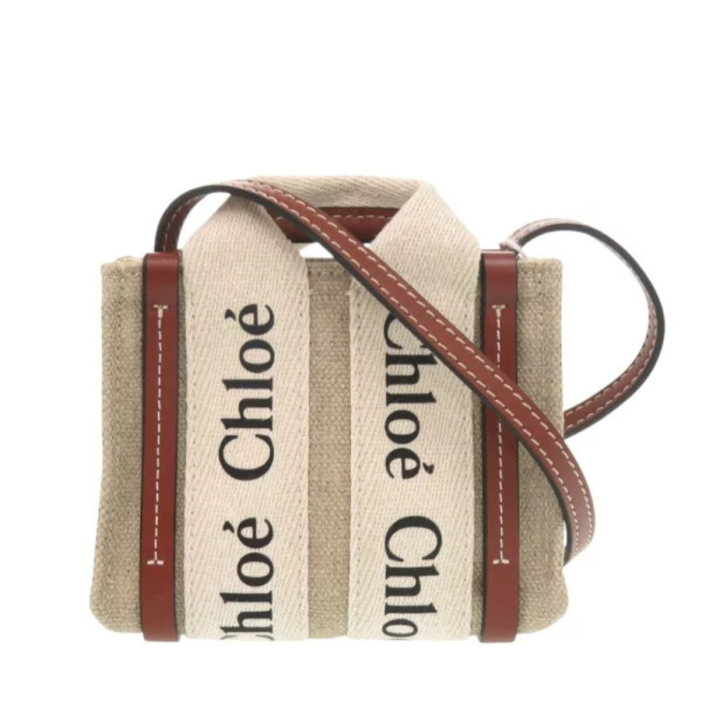 Chloe WOODY Tote Leather Canvas Brown Shoulder Bag
